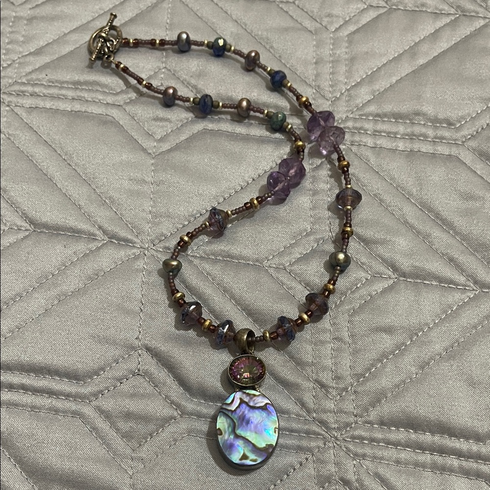 Sterling Silver Mother of Pearl and Crystal Beaded Purple Beaded Necklace!